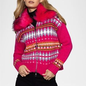 NEW LISA TODD pink fair isle knit fur trim cardigan